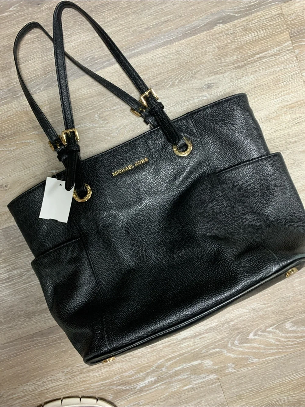 Michael Kors Black Leather Pebbled Tote with Gold Hardware